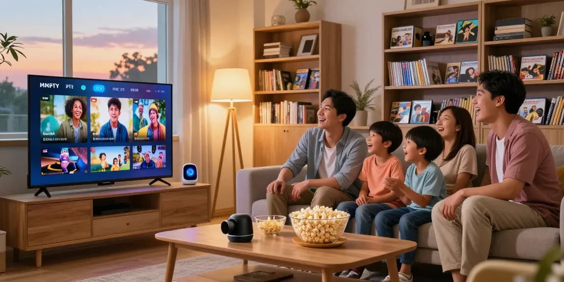 Família assiste IPTV na sala, rindo e se divertindo com programas, ambiente aconchegante.