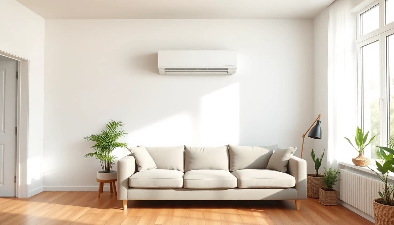 Efficient mini split ac unit mounted elegantly above a modern couch in a well-lit room.