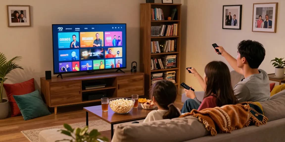 Família assistindo bestbraziliptv em uma sala de estar aconchegante.