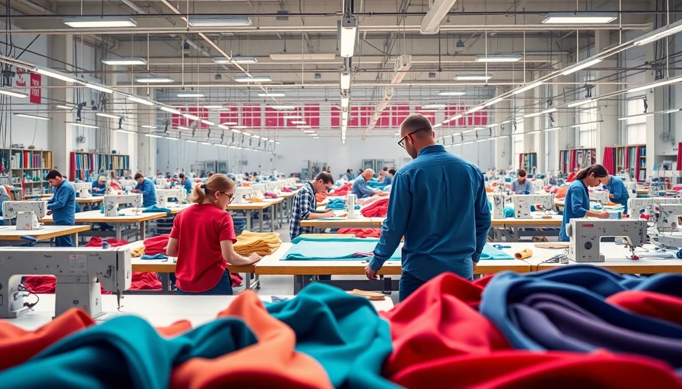 Workers engaging in Manufacturing Clothing in China, showcasing vibrant textiles and skilled craftsmanship.