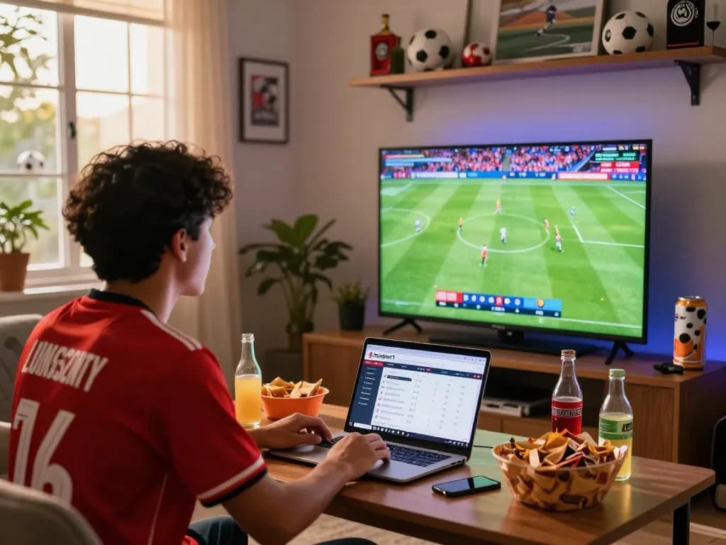 LuongSonTV fan enjoying a live football match in a vibrant setting, showcasing excitement and community.