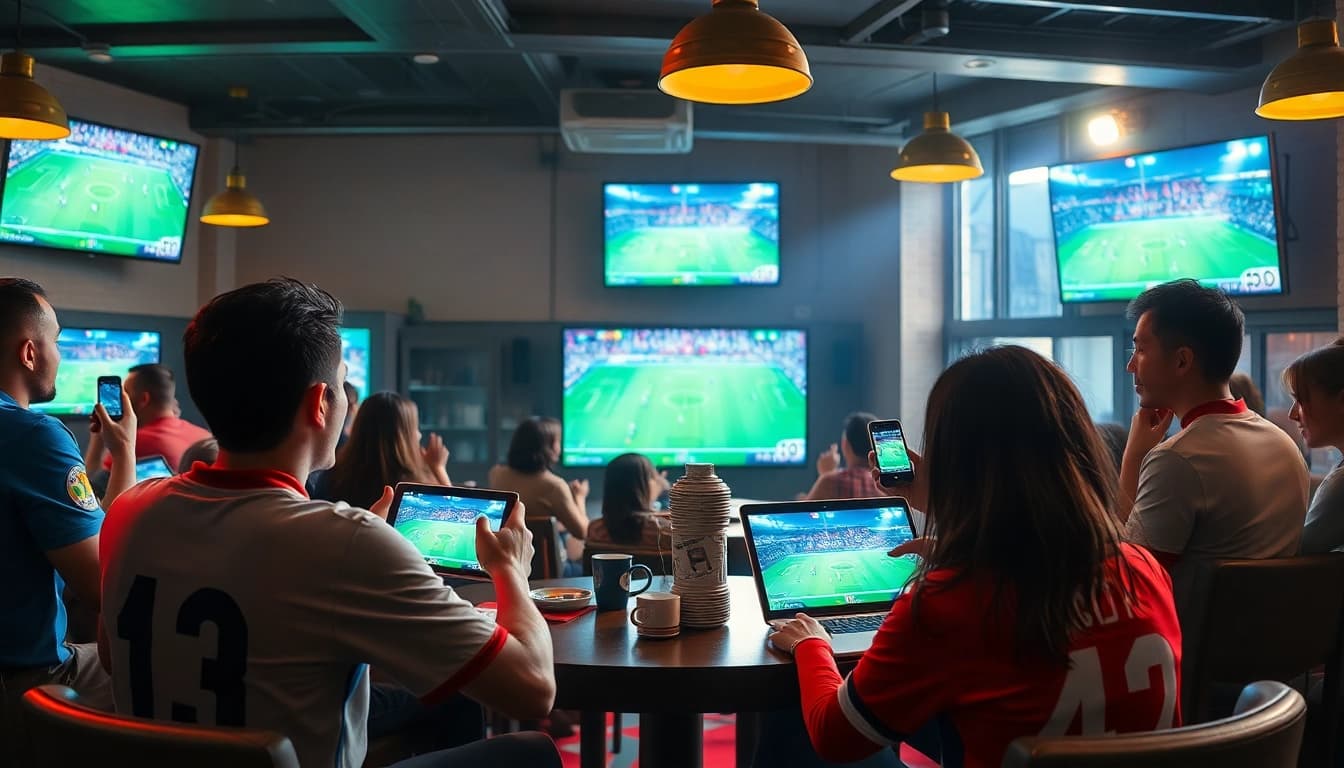 Fans enjoying a live football match on various devices with luongsontv streaming technology.