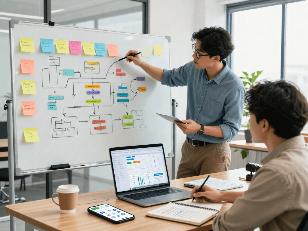 Estrategia de marketing multicanais com profissionais colaborando em um ambiente moderno de escritório, notando dados e ideias.