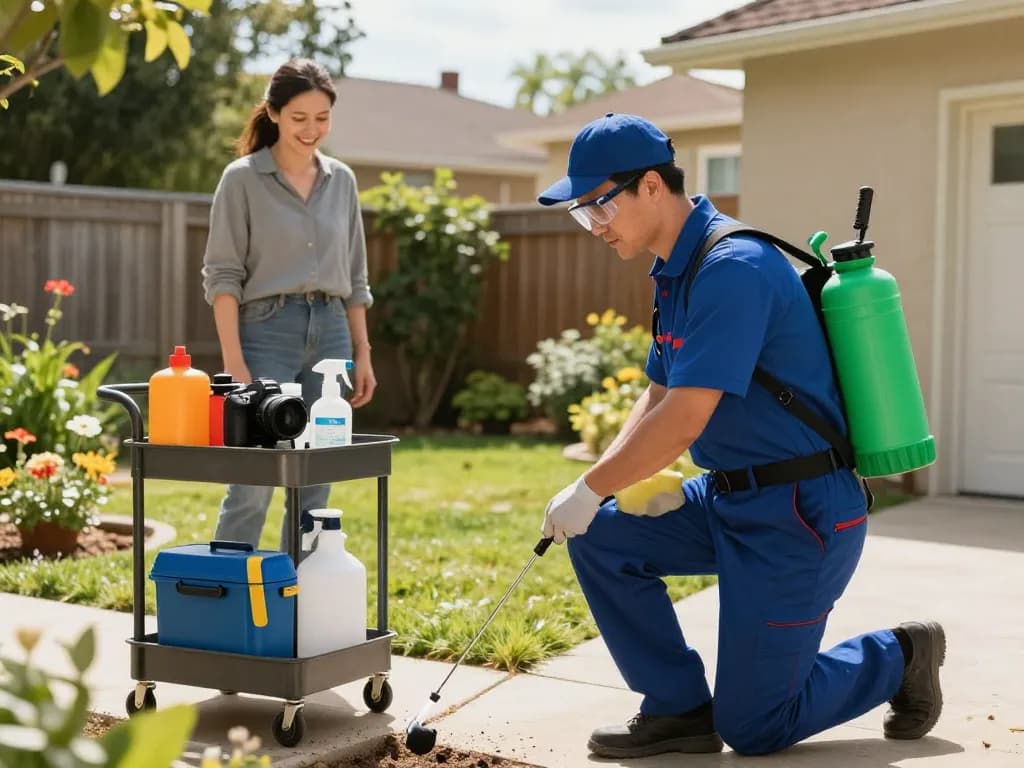 Dedetizadora technician applying eco-friendly insecticide around home foundation, ensuring safety while preventing pest infestations.
