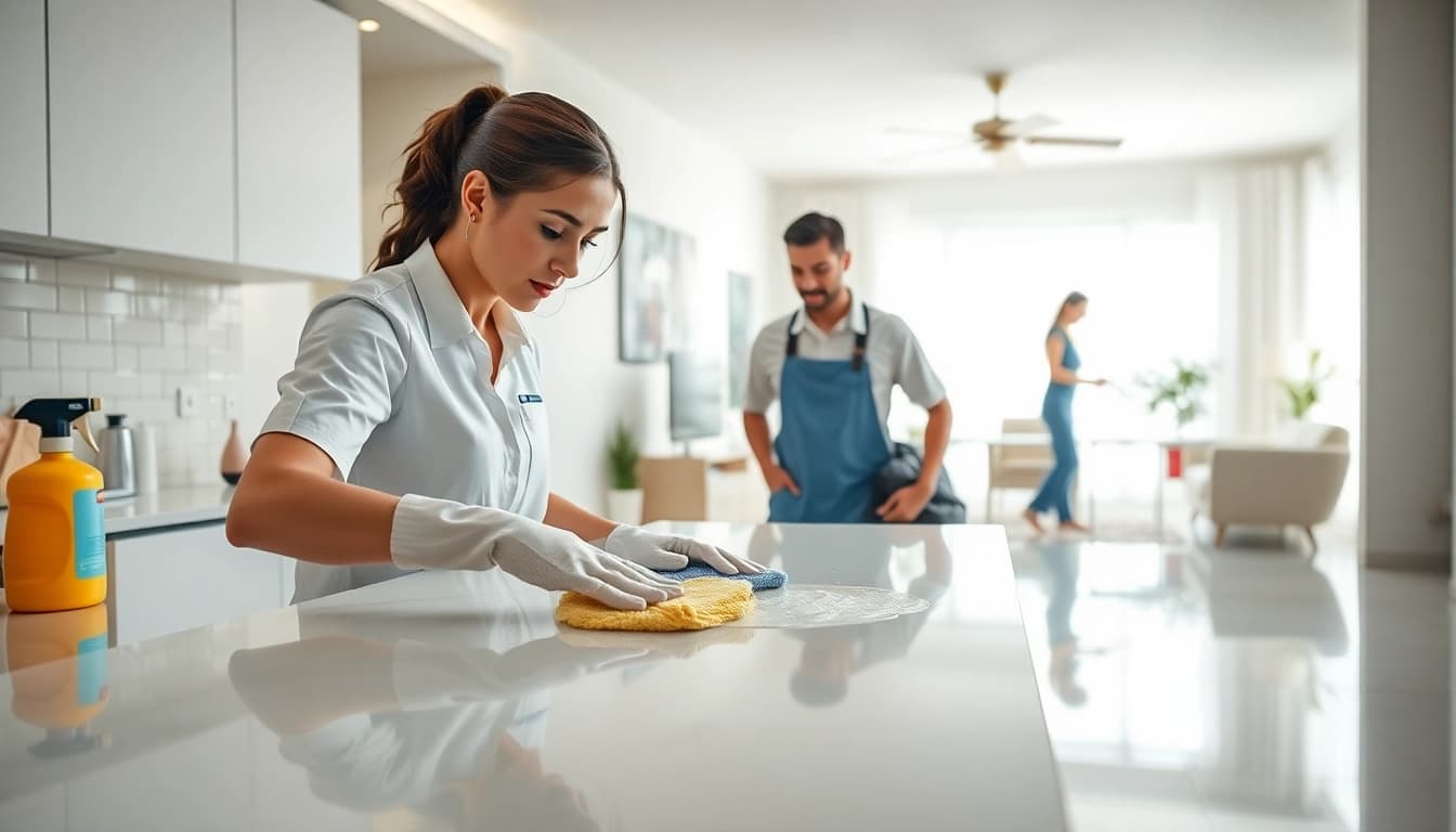 Experienced cleaners showcasing deep cleaning services USA in a bright, organized residential space.