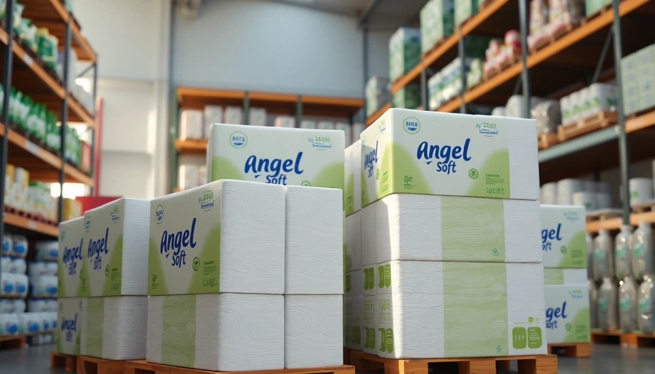 Shop Angel Soft Toilet Paper Pallets stacked neatly in a bright warehouse for easy access.