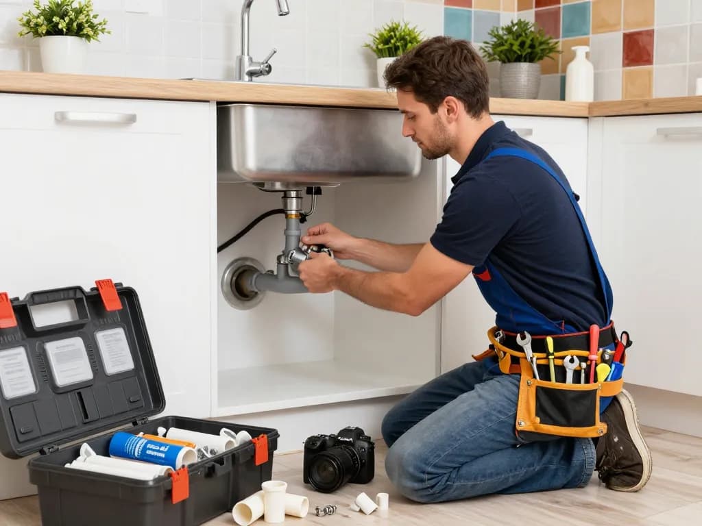Professional plumber tightening pipes under a kitchen sink, showcasing expert craftsmanship in home renovation.