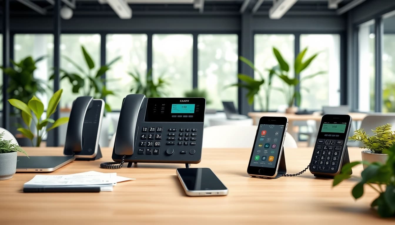 Showcasing a modern business phone setup with advanced VoIP devices in a professional office.