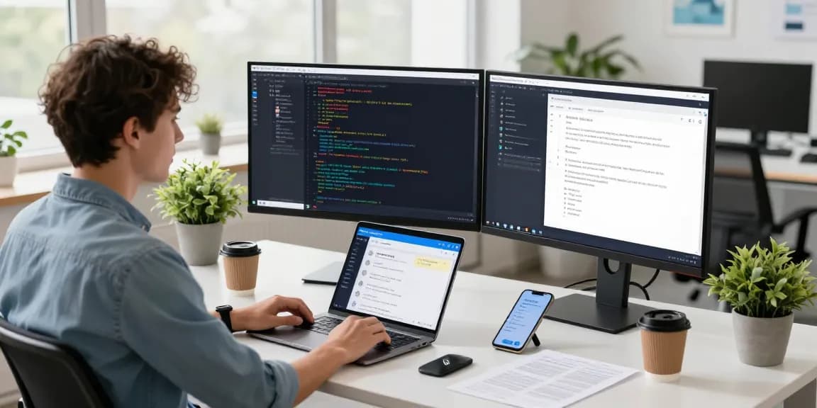 Telegram download showcased in a modern tech workspace with a developer coding and using the app.