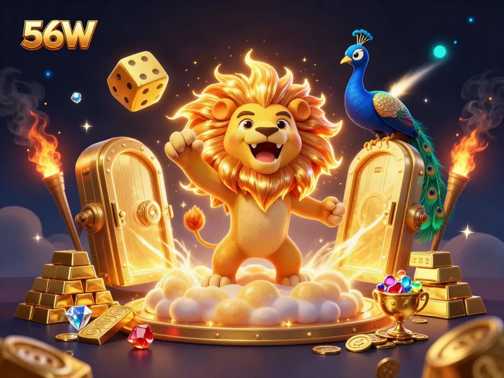 56W casino scene showcasing a roaring sun lion, golden treasure, and dazzling gaming elements.