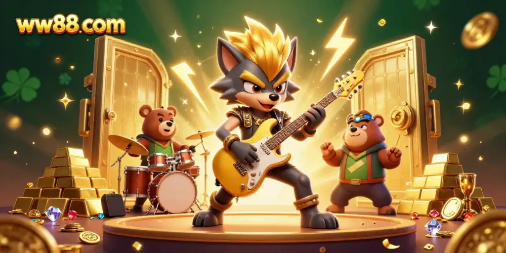 Engage with the thrilling atmosphere of ww88 com featuring a rockstar wolf and drummer bear in a vibrant casino setting.