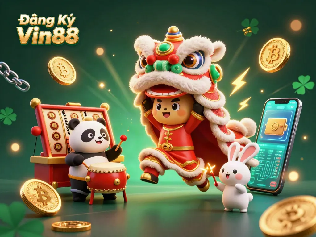 Engage with Đăng Ký Vin88 through a lively 3D illustration featuring fun characters amidst vibrant casino elements.