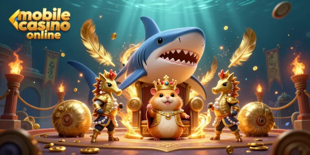 Engage with the vibrant mobile casino online scene featuring a golden hamster king and coral-themed gaming environment.