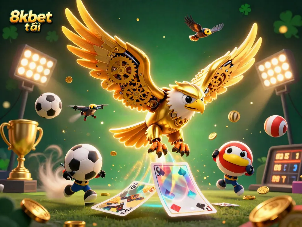 Experience exciting gameplay with 8xbet tải featuring a cybernetic golden eagle surrounded by sports elements.