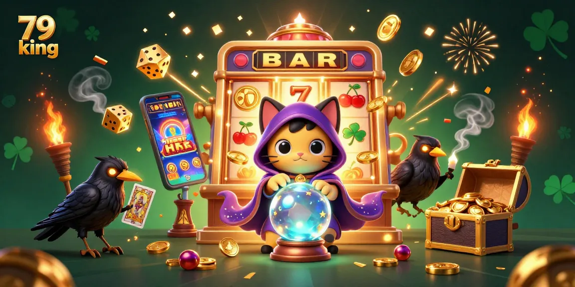 Engage with the vibrant 79 king casino experience featuring a mystical scene with a fortune teller cat and slot machine explosions.