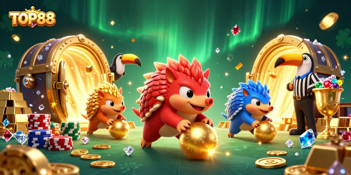 TOP88 pangolins compete in a vibrant casino-themed scene, rolling through poker chips.
