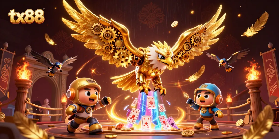 tx88 showcases a cybernetic eagle amidst holographic playing cards and vibrant casino elements.