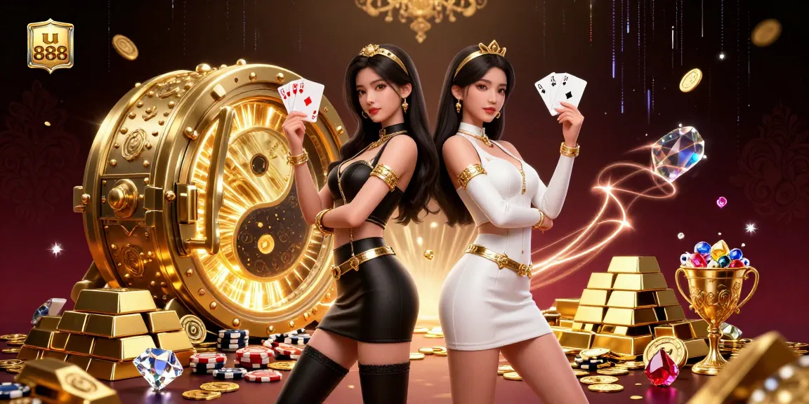 Experience the excitement of u 888 as stunning twin Asian women showcase their gaming skills in a vibrant casino atmosphere.