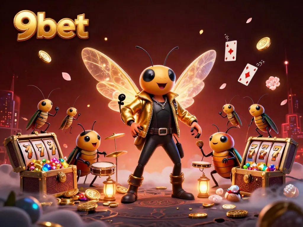 Experience thrilling gameplay with 9bet's dynamic casino scene featuring a rock star cicada and vivid symbols.