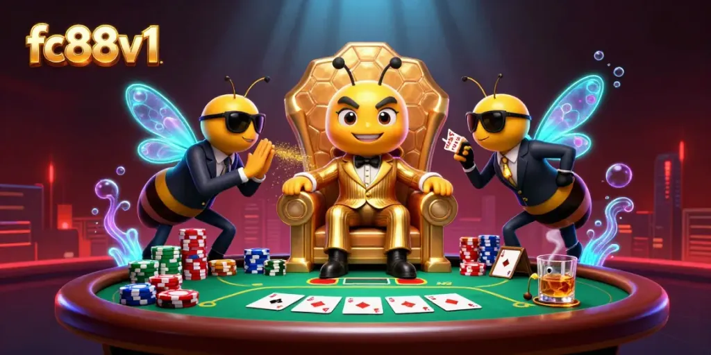 Join the dynamic 3D scene of fc88v1 with a cartoon bumblebee mob boss and poker elements.
