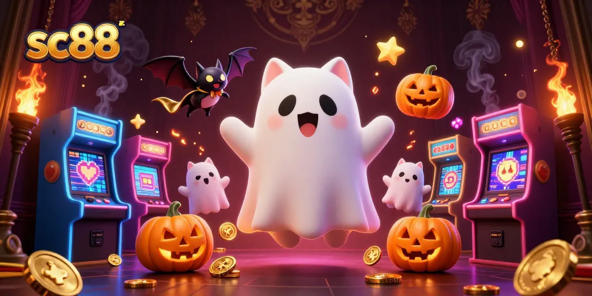 Play thrilling games at sc88 with a ghost cat and glowing jack-o-lanterns in a lively casino.