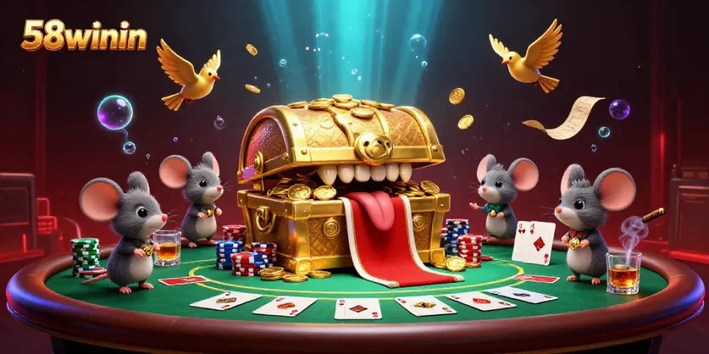 Experience vibrant online gaming action with 58winin featuring treasure chests, poker tables, and glowing effects.