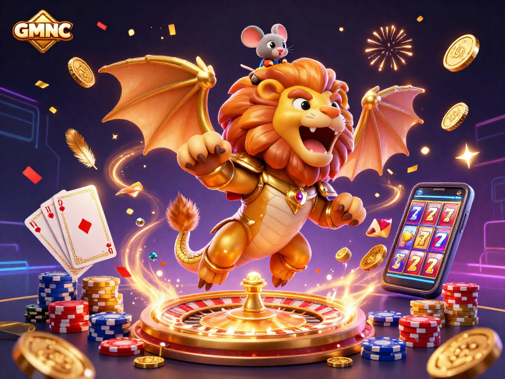Engage with the thrilling GMNC casino experience, showcasing a victorious chimera and vibrant gaming elements.