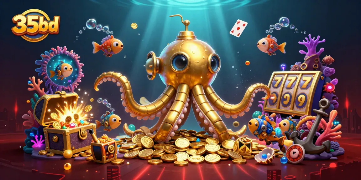 Experience thrilling adventures at 35bd with a golden kraken submarine amidst treasures and slots.