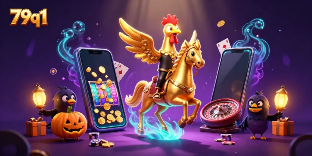 Engage with the thrilling casino world featuring 79q1, represented by a golden rooster and a vibrant scene of gaming action.