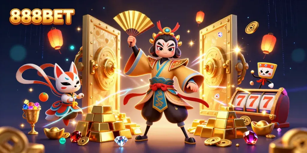 Experience the thrill of 888BET with a vibrant casino scene featuring kabuki characters and gold treasures.