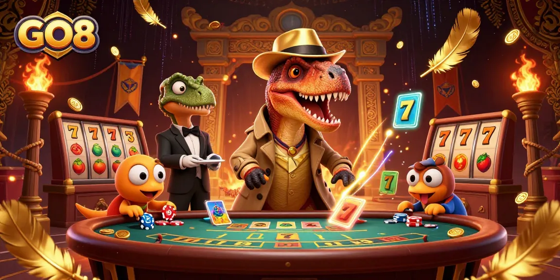 Experience winning strategies with GO8 at this vibrant casino scene featuring animated dinosaurs.