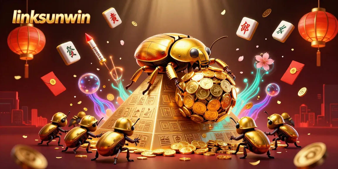 Experience linksunwin with a golden dung beetle rolling coins amidst a vibrant casino-themed scene.