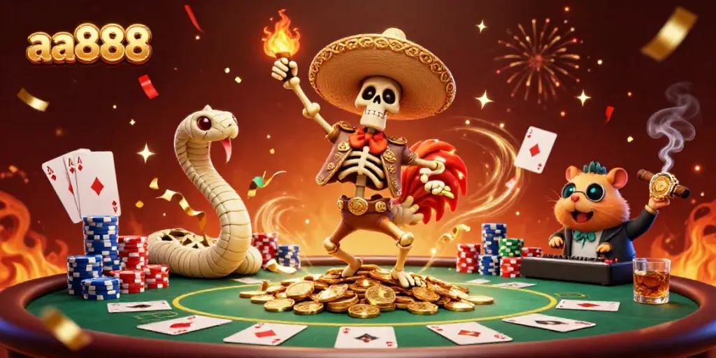 Create winning strategies with aa888's vibrant casino scene featuring lively characters amidst poker action.