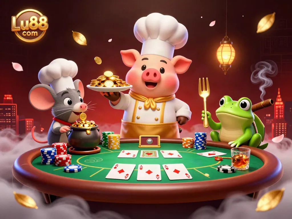 Experience the excitement at Lu88 com with vibrant casino elements and a dynamic chef pig scene.