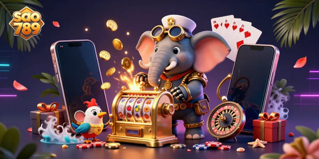 Engage with sao 789's thrilling gaming atmosphere as a steampunk elephant operates a slot machine.