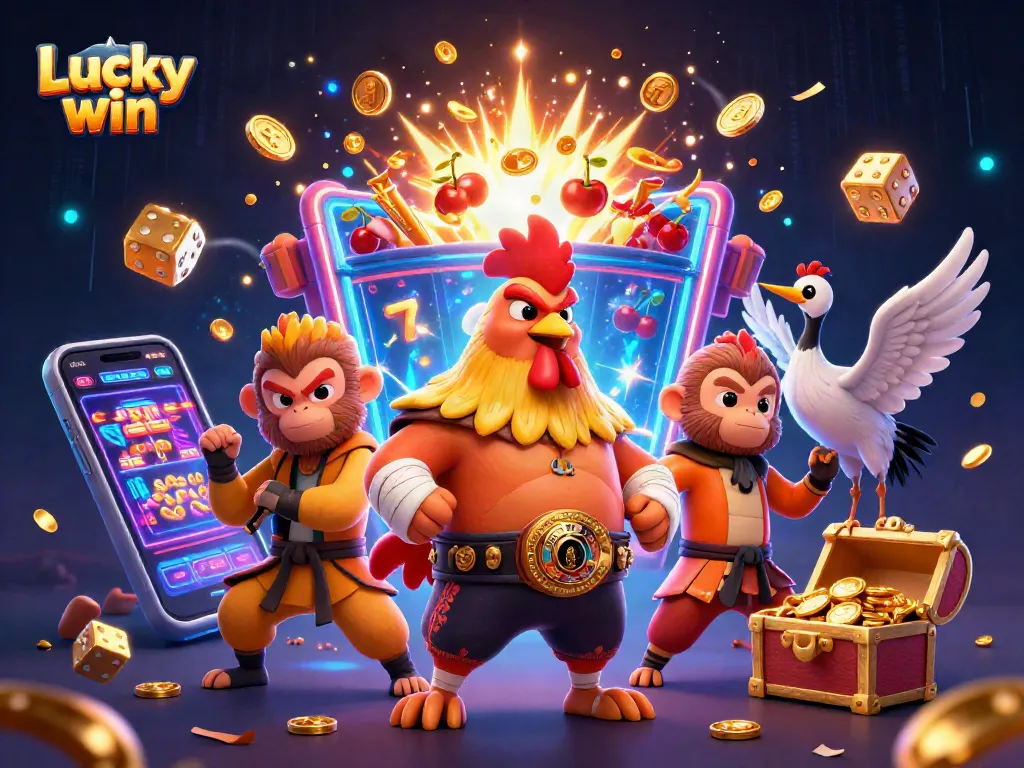 Win big at Lucky win with dynamic 3D illustrations featuring casino excitement and vibrant characters.