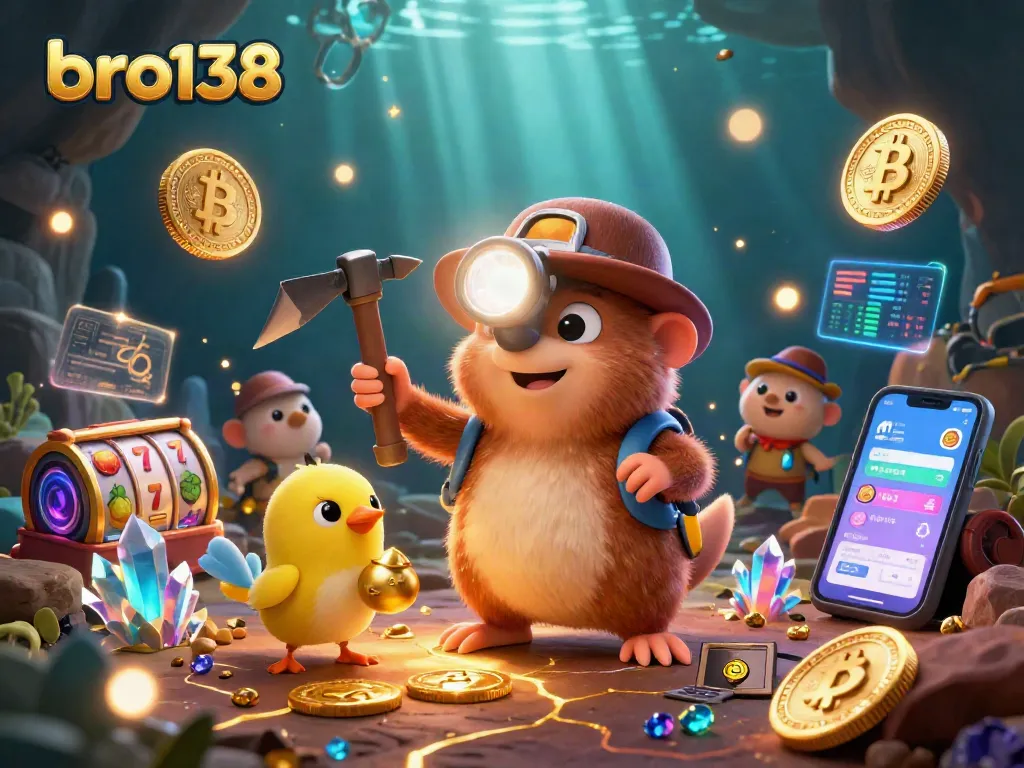 Engage with bro138's thrilling slot action featuring a treasure hunting mole in a dynamic gaming scene.