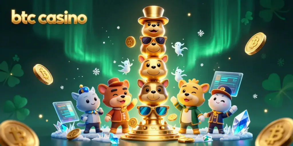 Experience the thrill of btc casino gaming with dynamic cryptocurrency symbols and vibrant characters.
