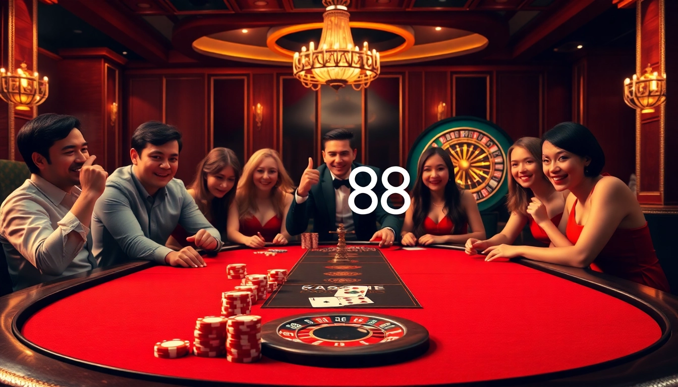 Engaged players at a uu88 poker table, featuring chips and cards in a vibrant casino setup.