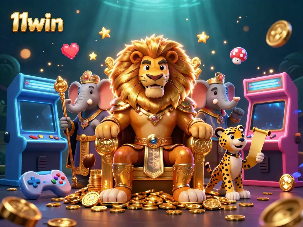 Experience thrilling gameplay with 11win, featuring a lion king on a throne surrounded by vibrant arcade elements.