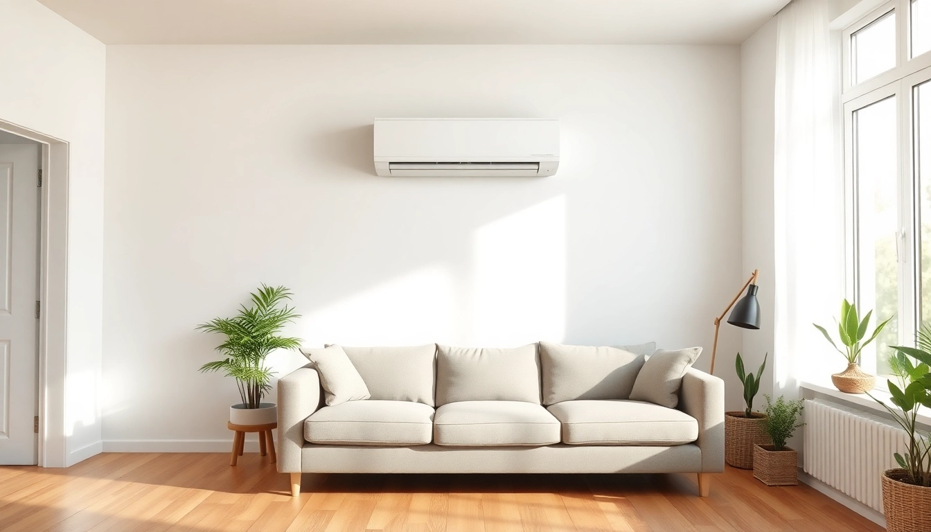 Efficient mini split ac unit mounted elegantly above a modern couch in a well-lit room.