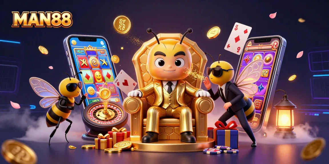 Place your bets with MAN88 in this vibrant, dynamic casino scene featuring a bumblebee mob boss.