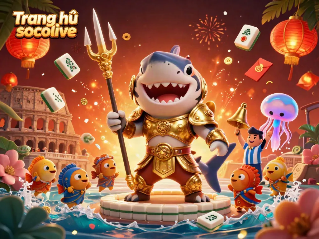Engage with Trang chủ socolive's vibrant gaming experience featuring a shark in gladiator armor amidst colorful casino elements.