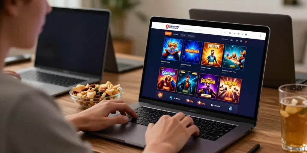 Engaged user exploring the sky88 gaming platform on a laptop, showcasing casino games in a vibrant setting.