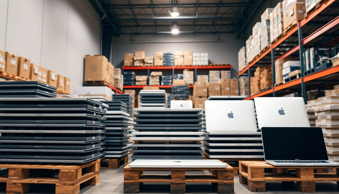 Explore MacBook Pro pallets for sale with sleek designs prominently displayed in a well-organized warehouse setting.