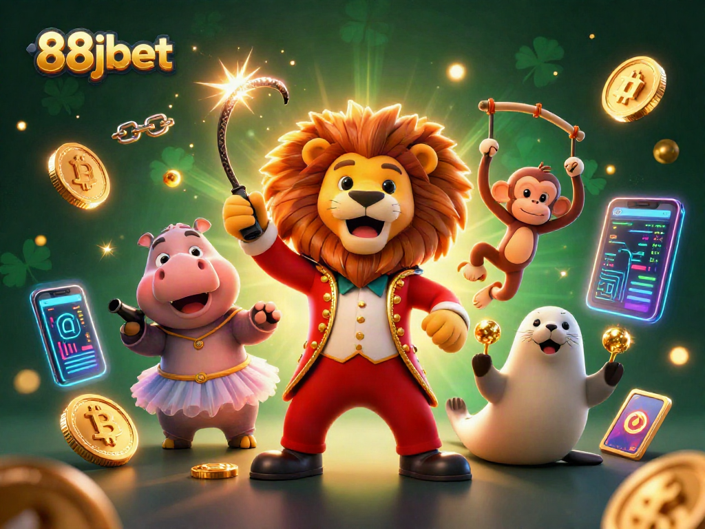 Experience thrilling action with 88jbet in this vibrant 3D casino scene featuring cryptocurrency elements.