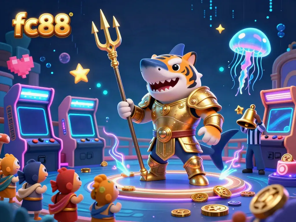 Experience thrilling gameplay at fc88 with an underwater casino scene featuring vibrant characters and arcade elements.