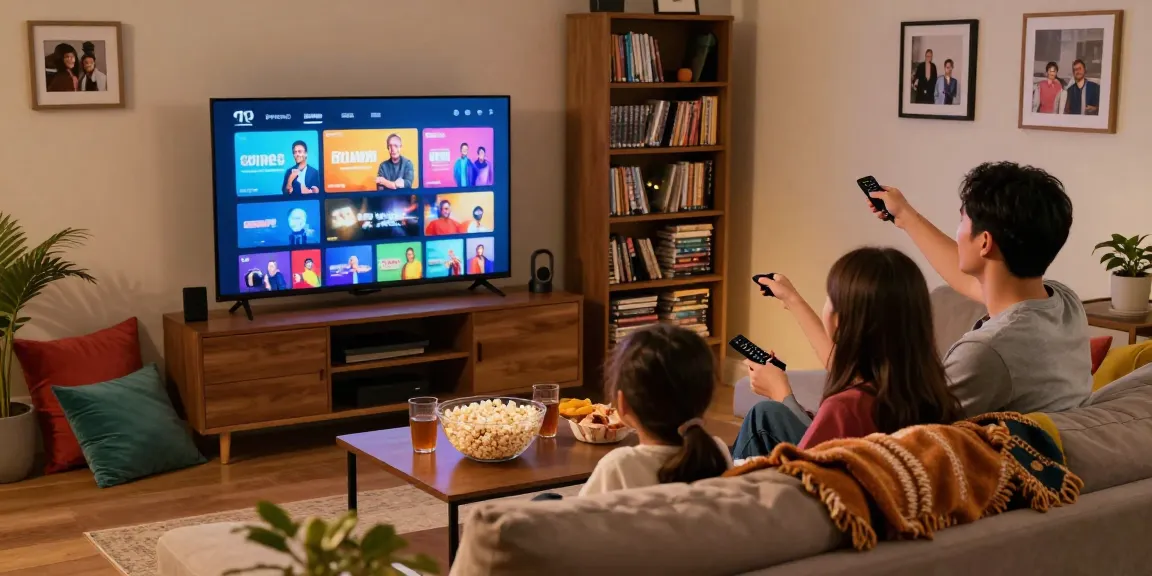 Família assistindo bestbraziliptv em uma sala de estar aconchegante.