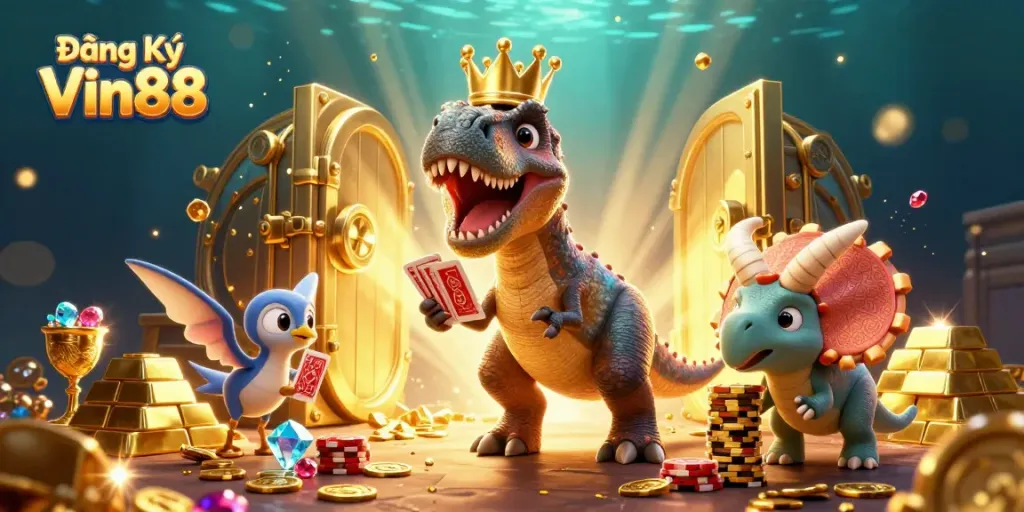 Join the excitement with Đăng Ký Vin88, featuring fun characters in a vibrant casino scene.