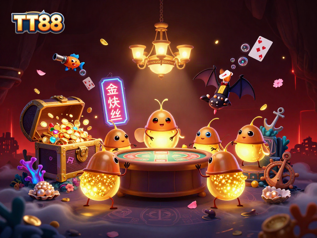 Spin the reels and win at TT88 with colorful glowworms and a bat dealer in a vibrant casino.